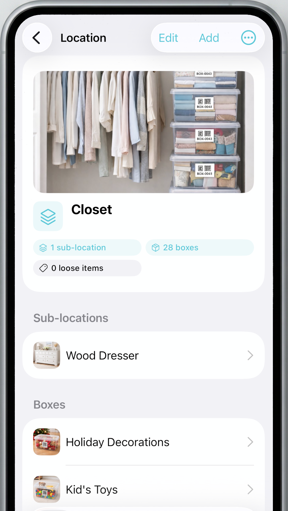 Placefolio iOS boxes screen showing a location with sub-locations and boxes