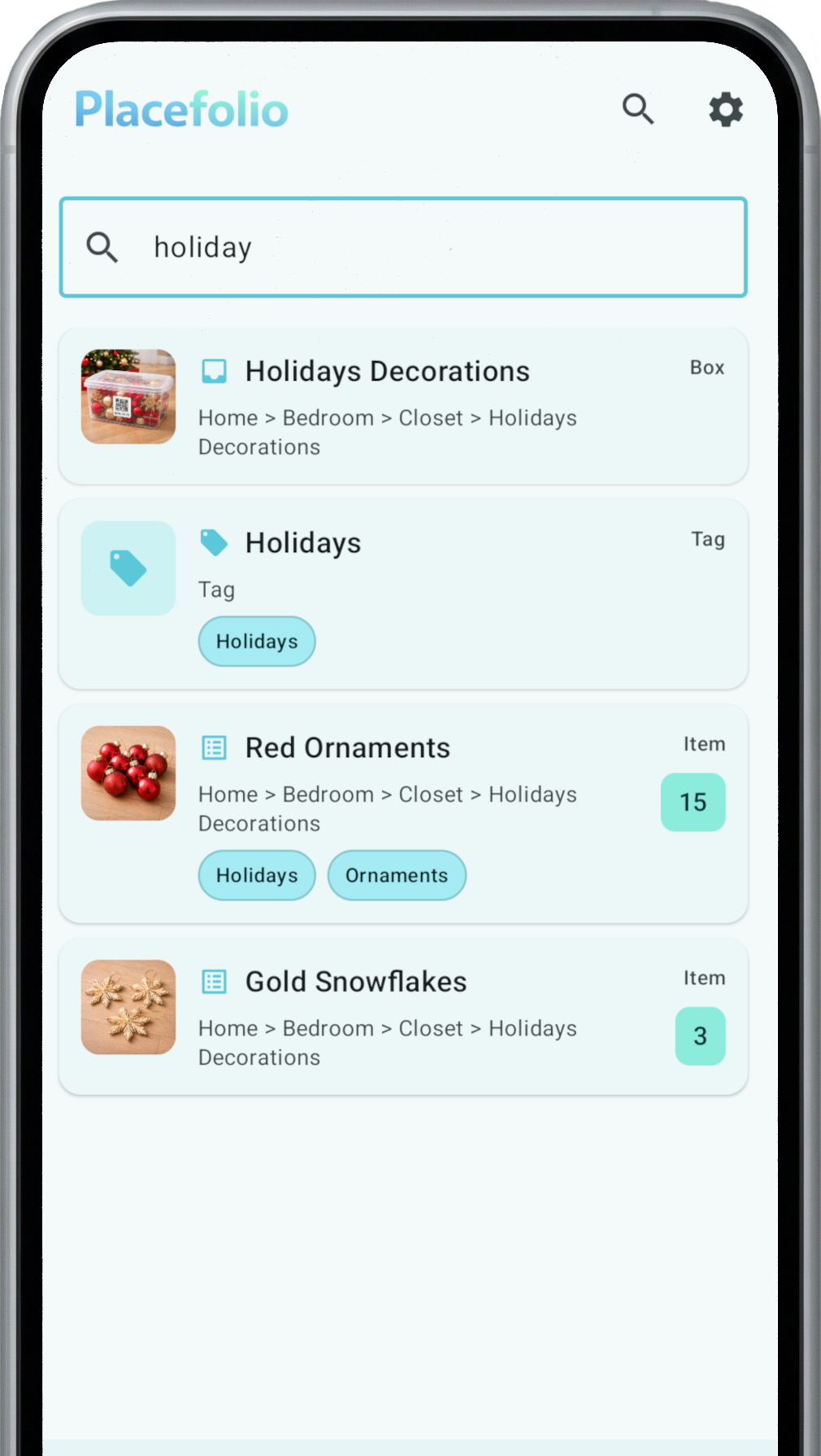 Placefolio search screen showing results and the box for an item